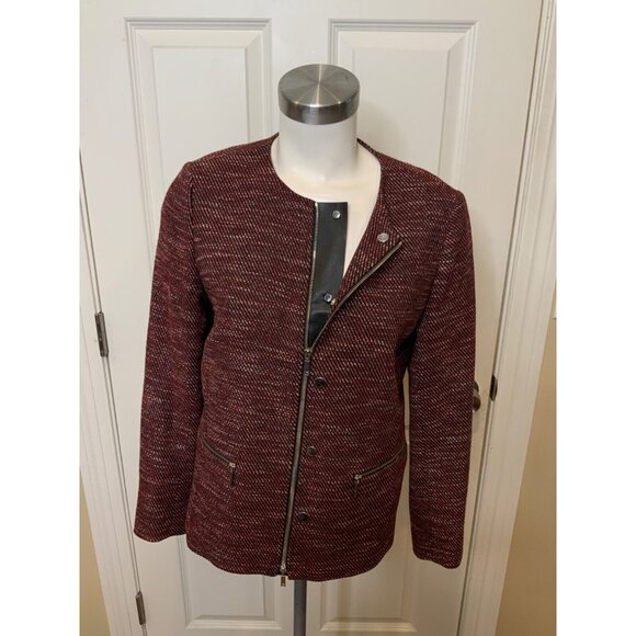 Lafayette 148 New York Red White Tweed Zip-Up Jacket w/ Leather Trim, Size M - Picture 2 of 7